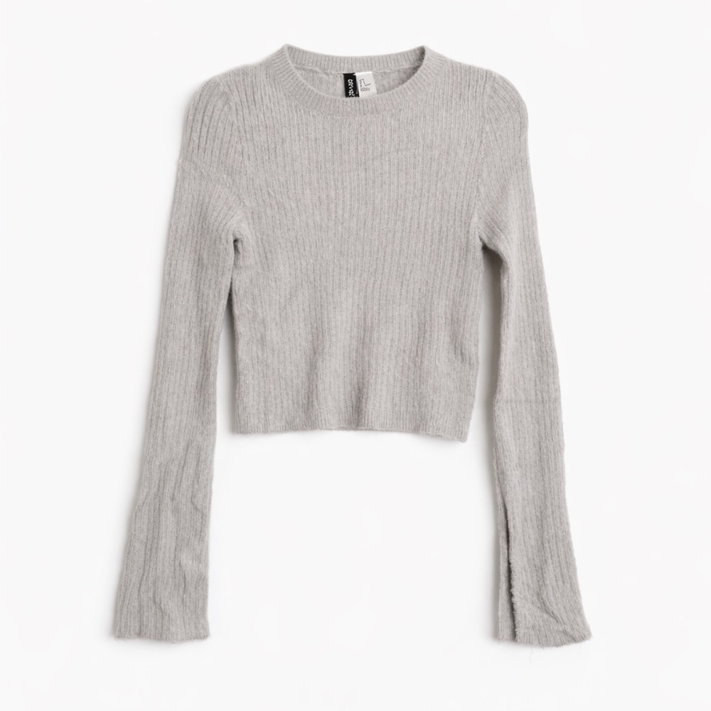 H&M Fuzzy Grey Crew Neck Sweater with Extra Long Sleeves